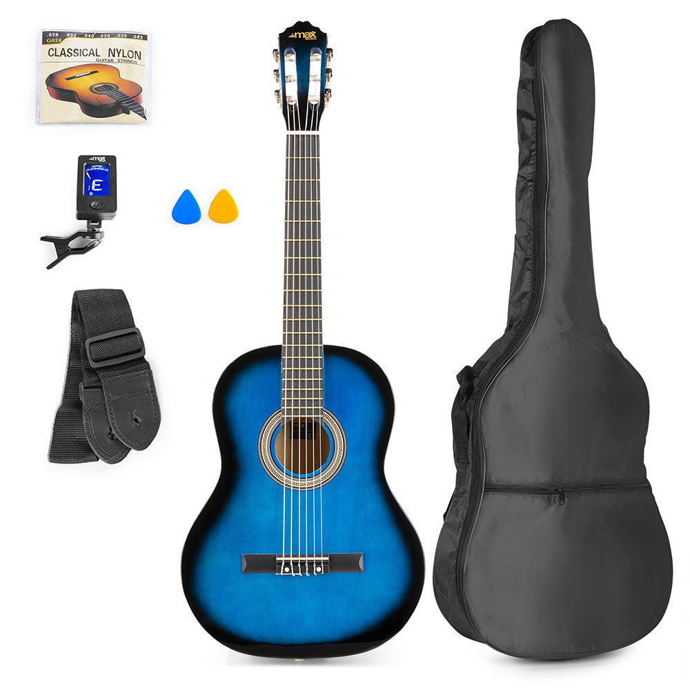 MAX SoloArt Blue Classic Guitar Pack with Soft Case & Digital Tuner